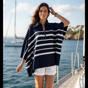 Chico’s Stripe Zip Collar Sweater Poncho Blue White Coastal Sailor  Beach L/XL
